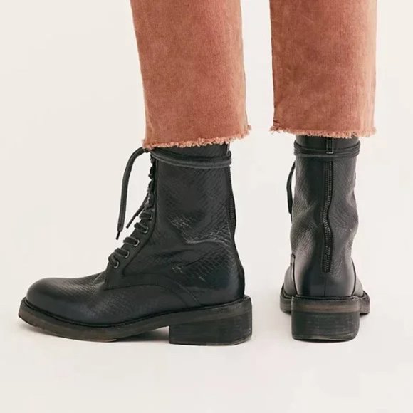 Free People Leather Santa Fe Lace-Up Boot in Black Embossed - Picture 4 of 17